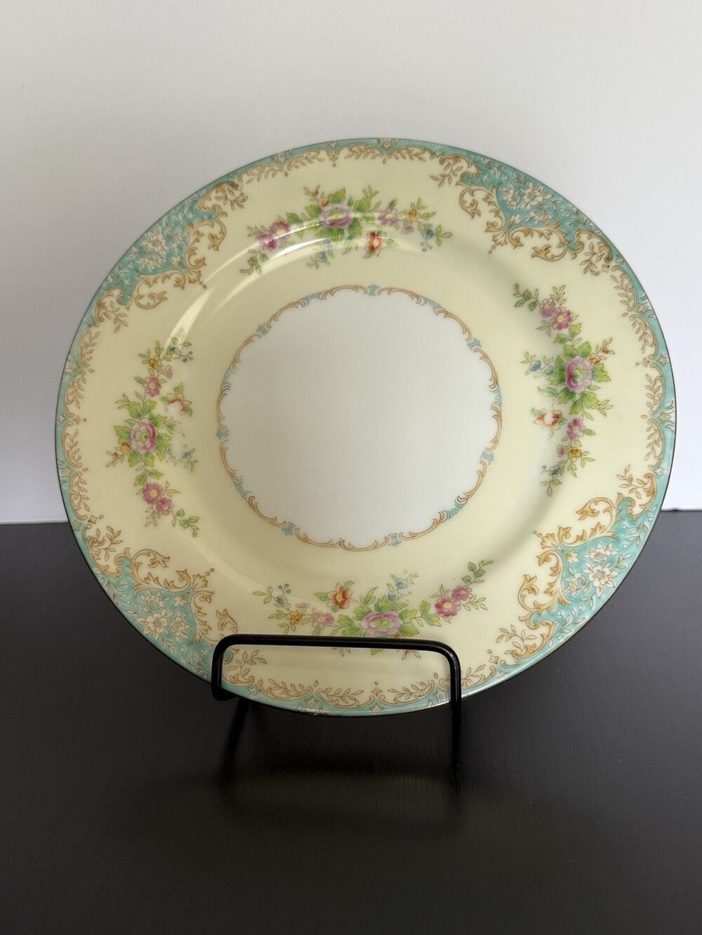 Vintage Noritake Tiffany Salad Plate 7.5” Gold Trim Ivory Aqua Ivory M Japan